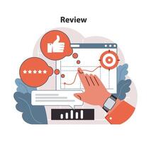 Delving into Review with a keen eye on performance metrics. Flat vector illustration