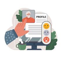 Elderly man's online dating profile on a computer screen. Flat vector illustration