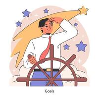 Life navigation. Man steering a ship wheel towards goals with vision and foresight vector