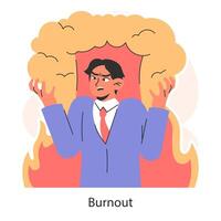 Work burnout. Distressed man overwhelmed by fiery emotions. Mental vector