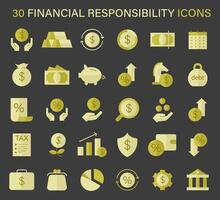 A collection of financial responsibility icons, representing savings, investments, taxes, and debt management vector