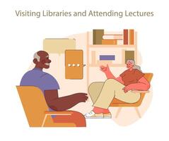 visitando bibliotecas y asistiendo conferencias concepto. vector