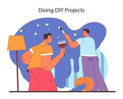 Doing DIY Projects concept. Friends engaging in home improvement with paint and brushes vector
