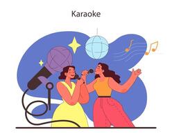 Karaoke concept. Duo joyfully singing with a microphone, basking in the glow of a disco ball. vector