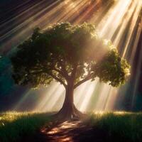 AI generated Cinematic tree with blurred background and sun rays photo