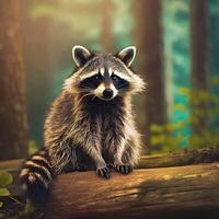 AI generated Fluffy raccoon sitting in the wooden forestImage photo