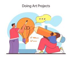 Art projects concept. Creativity flows as friends collaborate on a vibrant piece. vector