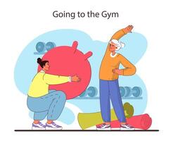 Going to the Gym concept. Companions motivate each other in fitness routines with gym equipment. vector