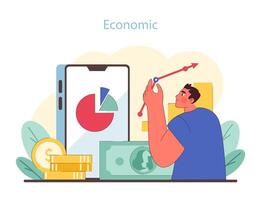 Economic dimension of PEST analysis. Entrepreneur analyzing financial trends with pie chart. vector