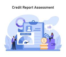 A thorough inspection of financial standing, depicted with an excellent rating on a detailed credit report, alongside monetary symbols vector