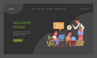 STEAM education web banner or landing page. Schoolers gaining knowledge vector