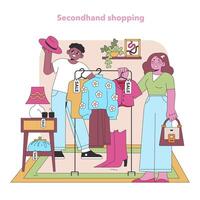 Thrifty shopping delight. Joyful shoppers browse through a colorful selection of secondhand clothing, finding unique pieces and vintage gems. Sustainable style adventure. Vector illustration.