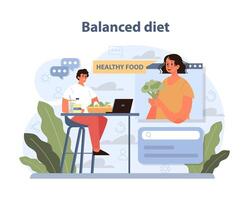 Balanced Diet depiction. A serene setting with individuals engaging in healthy eating. vector