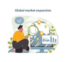 Global Electric Car Market Expansion Illustration. A dynamic vector showing the electric vehicle industry's growth.