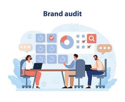 Brand Audit Process. A detailed vector illustration depicting a team conducting.