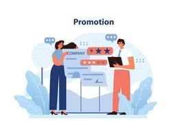 Recognition and career elevation theme with professionals discussing a promotion. vector