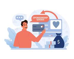 Enthusiastic man introducing sponsorship goods via digital platform. Flat vector illustration