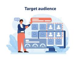 Enthusiastic marketer selecting his target audience. Flat vector illustration