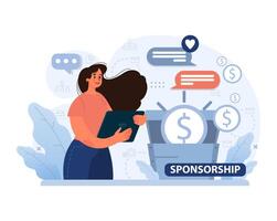 Energetic woman navigating sponsorship opportunities via tablet. Flat vector illustration