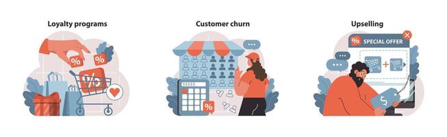 Business strategies set. Engaging loyalty programs with discounts, tackling customer churn via insights. vector