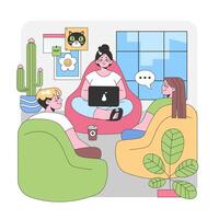 Friendly team in a vibrant shared space. Flat vector illustration