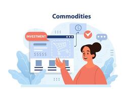 Woman analyzes investment opportunities in commodities. Flat vector illustration.