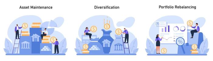 Wealth Management set. Illustrating asset upkeep, investment diversity vector