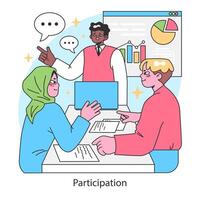 Participation concept. Diverse team collaborates on project, sharing insights vector