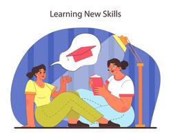 New skills concept. Two friends engage in educational dialogue, sharing knowledge and insights. vector