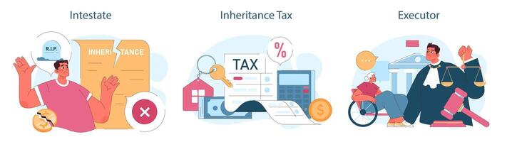 Inheritance set. Estate planning, tax considerations, and executor duties. vector