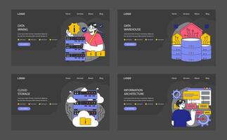 información administración web o aterrizaje oscuro o noche modo colocar. datos minería vector