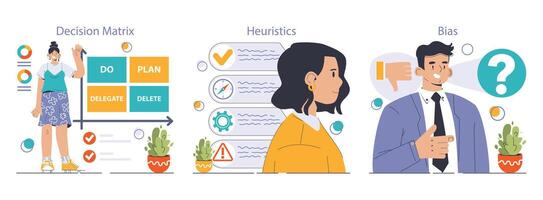 Decision-making set. Strategic thinking, brainstorming and solution research vector