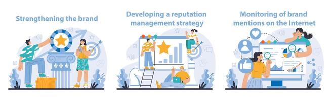 Reputation management set. Building relationship with targeted audience. vector