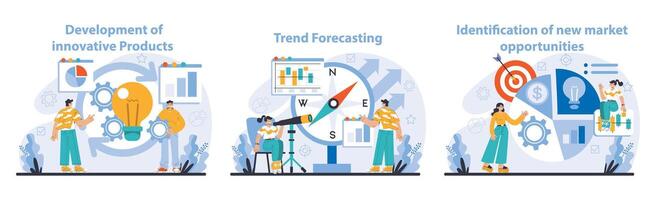 Trend watching set. Specialist tracking new business trends. Forecasting vector