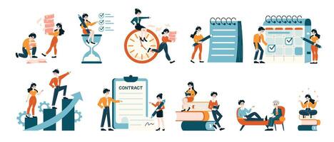 Corporate Efficiency set. Employees orchestrating time management and deadlines vector