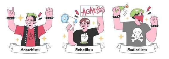 Anarchism and rebellion themed illustrations. Flat vector illustration