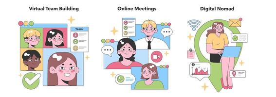 A colorful depiction of virtual team building. Flat vector illustration