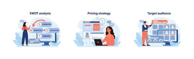 Business strategies set. Flat vector illustration