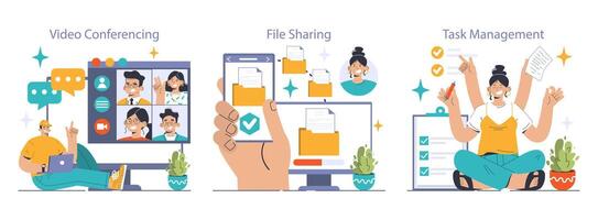 colaboración herramientas colocar. negocio caracteres asistiendo en línea seminarios web vector