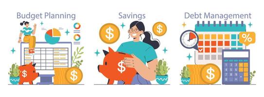 Financial Literacy set. Flat vector illustration