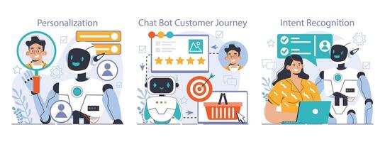 Chat bot set. AI-powered customer service. Online consultation with artificial vector