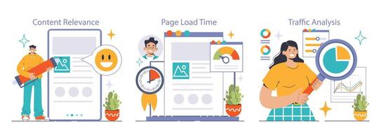 sitio web análisis colocar. conversión Velocidad y tráfico análisis. expertos analizando vector