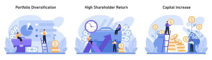 Wealth growth strategies set. Exploring portfolio diversification, maximizing vector
