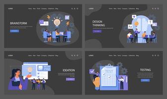 Design Thinking dark or night mode web layout set. From brainstorm vector