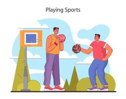 jugando Deportes concepto. amigos compartiendo un simpático juego de baloncesto al aire libre. vector