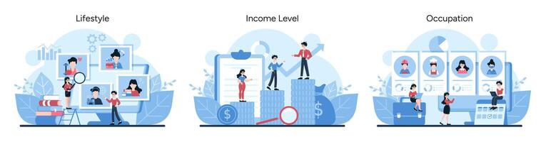 Visualizes categorization by lifestyle, income level, and occupation vector