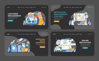 Reputation management dark or night mode web or landing set. Relationship vector