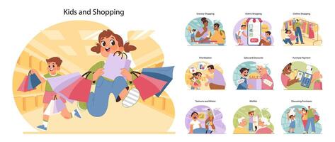 niños y compras colocar. plano vector ilustración