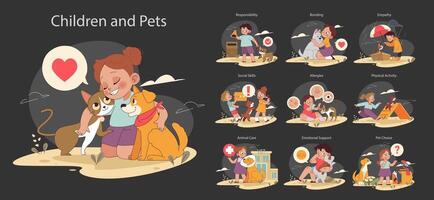 Children and pets set. Exploring responsibilities and joys of pet ownership vector