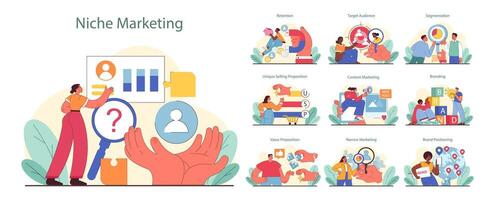 Niche marketing set. Strategies for audience engagement, retention, and segmentation. vector